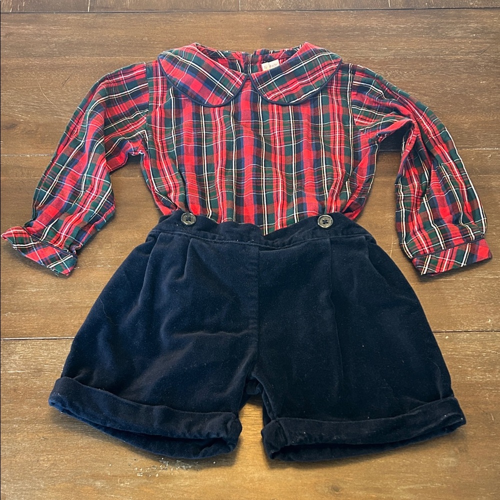 Rachel Riley 2-Piece Red Plaid Top with Navy Velvet Shorts